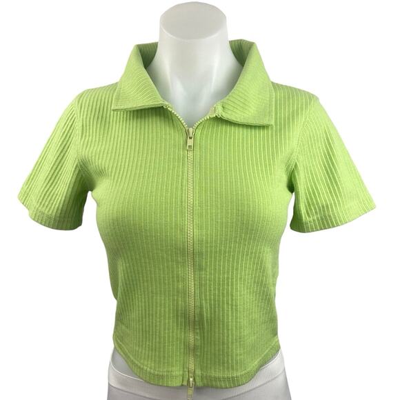 Pretty Little Thing Green Rib Double Zip Collared Short Sleeve Polo Crop Top 10 - Picture 1 of 4